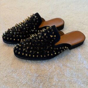 Black Spiked Studded Mules Gold Hardware Pointed Toe Slip On Loafers Size 38